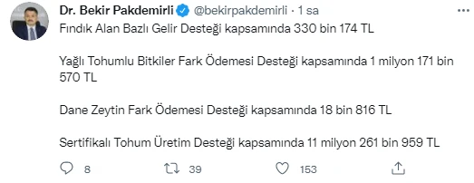 Bakan Pakdemirli açıkladı: 13.8 milyon liralık destek ödemesi başladı